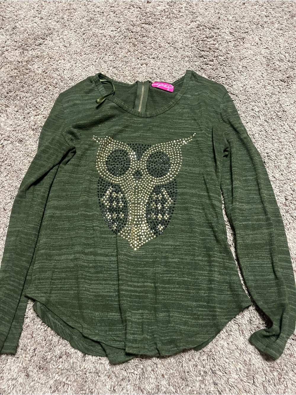 Say What? Olive Green Long Sleeve Tee with Studded Owl Motif